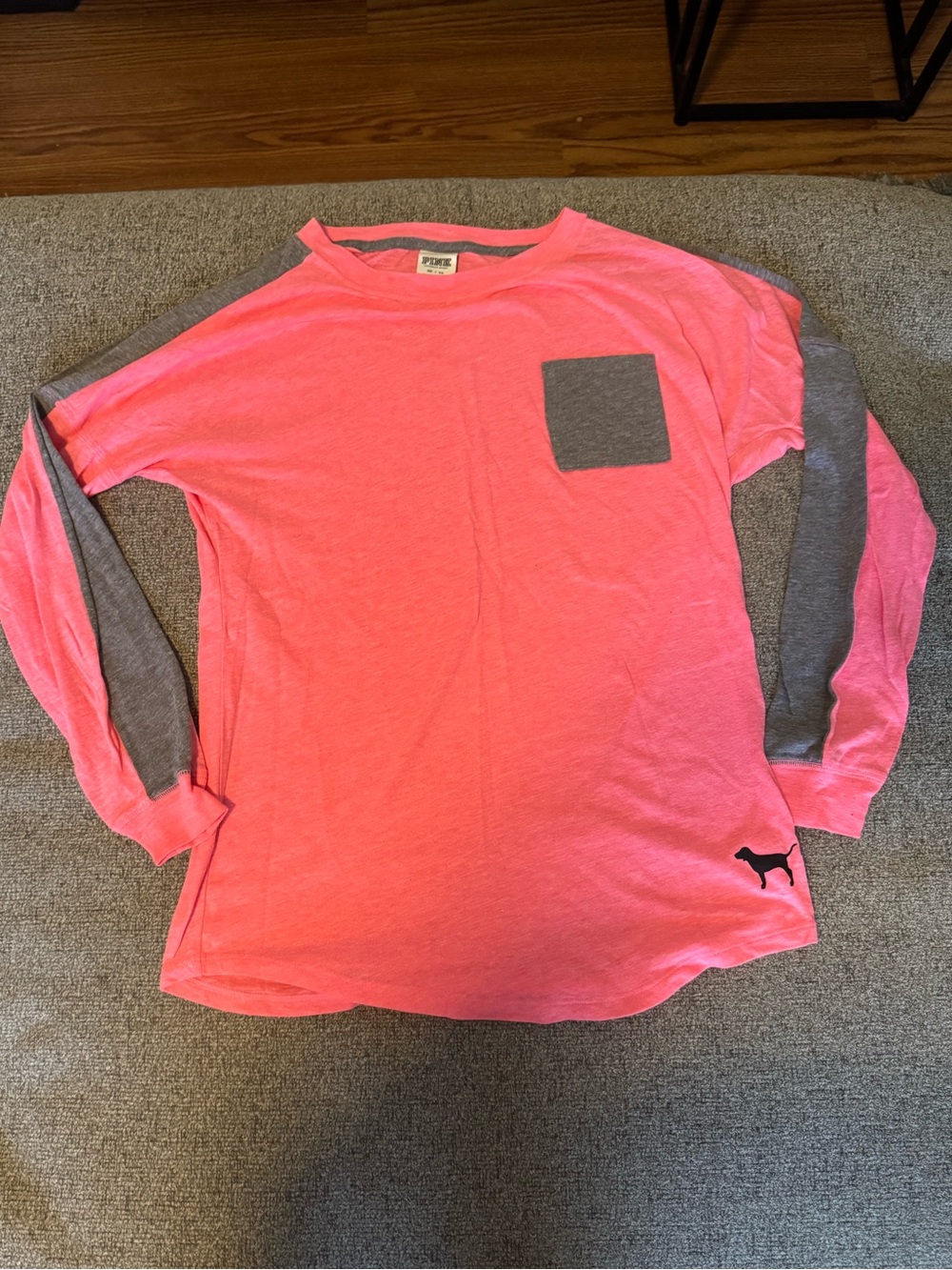 PINK Victoria's Secret Neon Pink Long Sleeve Pocket Tee with Gray Accents